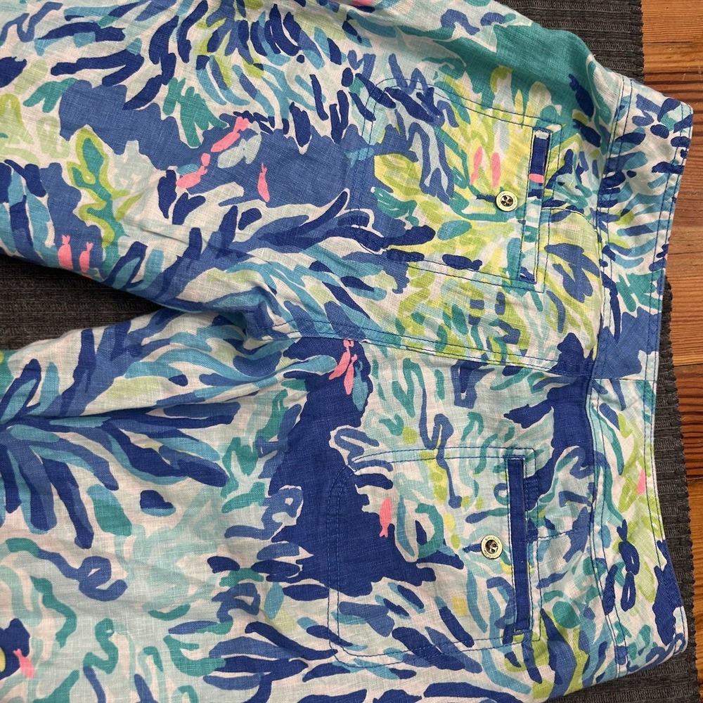 Lilly Pulitzer Womens Linen Wide Leg Pants Blue Green Pink Tropical Beach Size 4 - Picture 5 of 13